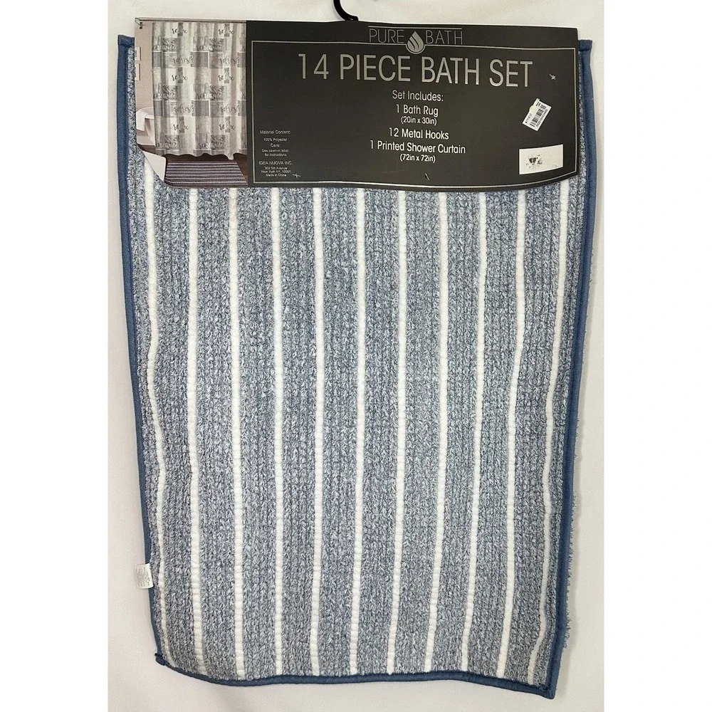 PURE BATH *NEW *Blue White 14 Piece Bath Set Rug, Shower Curtain, 12 Metal Hooks